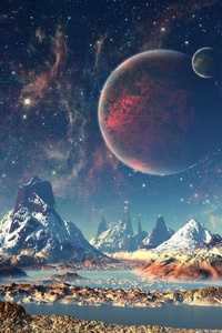Mountains Stars Space Planets Digital Art Artwork 4k (1125x2436) Resolution Wallpaper