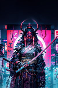 Neon Samurai In Futuristic Tokyo (1080x2280) Resolution Wallpaper