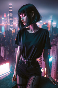Neon Short Hair Asian Girl (320x568) Resolution Wallpaper