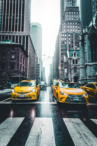 New York Taxi Wet Roads Tall Buildings 5k