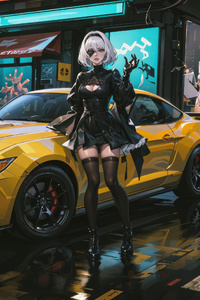 Nier Automata In Her Mercedes In The Neon Cityscape (1080x2280) Resolution Wallpaper