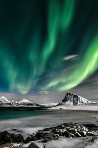 Northern Lights Over Snowy Mountains And Rocky Shore (750x1334) Resolution Wallpaper