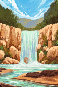 Orange Canyon Waterfall Illustration (1080x2400) Resolution Wallpaper