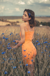 Orange Dress Girl In Field 4k (480x800) Resolution Wallpaper
