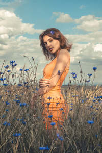 Orange Dress Model In Field Outdoor 4k
