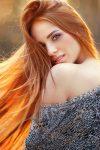 Orange Hair Girl In Autumn Nature (640x960) Resolution Wallpaper