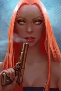 Orange Hairs Women With Gun (320x568) Resolution Wallpaper