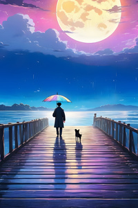 Person And Dog On A Pier Under A Moonlit Sky (320x480) Resolution Wallpaper