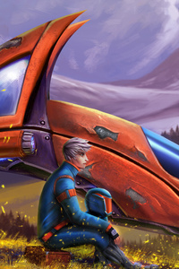 Pilot Resting Against Crashed Spacecraft (1080x2400) Resolution Wallpaper