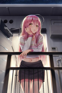 Pink Hair Anime Girl Standing In Balcony (320x480) Resolution Wallpaper