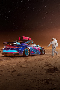 Porsche 911 Gt3 In Space And Astronaut (1280x2120) Resolution Wallpaper
