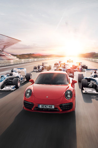 Porsche And F1 Car (320x568) Resolution Wallpaper