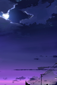 Power Lines Moon Anime Quite Night 4k