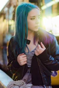 Purple Green Hair Girl In Public (320x568) Resolution Wallpaper