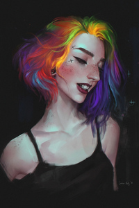 Rainbow Hairs Girl Portrait 4k (480x800) Resolution Wallpaper