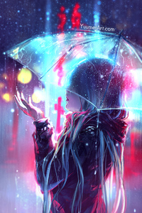 Raining Anime Girl Blur Lights 4k (240x320) Resolution Wallpaper