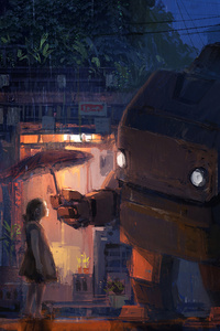 Rainy Day With My Robot Friend Painting 4k (640x1136) Resolution Wallpaper