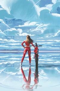 Red Biker Girl With Cat (640x960) Resolution Wallpaper