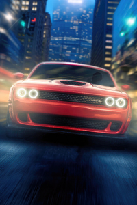 Red Dodge Challenger Roaming The City Streets (240x400) Resolution Wallpaper