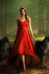 Red Dress Girl Walking With Dogs (1280x2120) Resolution Wallpaper