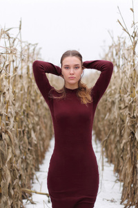 Red Dress Wheat Field (1080x2280) Resolution Wallpaper