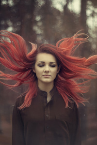 Red Dyed Hair Girl Flying Closed Eyes (2160x3840) Resolution Wallpaper