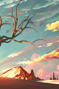 Red Sky Mountains Trees Digital Art Painting 4k (640x960) Resolution Wallpaper