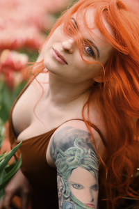 Redhead Girl Flowers Field 5k (640x960) Resolution Wallpaper