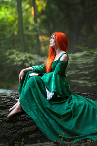 Redhead Girl Forest Cosplay (640x960) Resolution Wallpaper