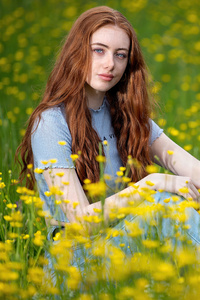 Redhead Girl Sitting Glance Grassland 5k