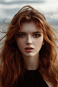Redhead Model Wavy Hair Looking Directly