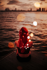 Redhead Women City Lights Horizon Sitting On Pier