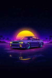 Retro Car With Synthwave Sunset (1242x2668) Resolution Wallpaper
