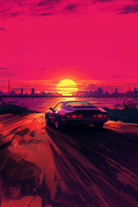 Retro Neon Ride Synthwave Cityscape Vibes (640x960) Resolution Wallpaper