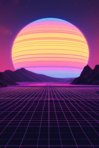 Retro Neon Sunset Planet (320x480) Resolution Wallpaper