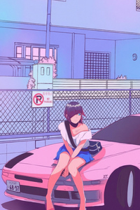 Retro Synthwave Vibes With A Girl And Her Car Pink Horizon (750x1334) Resolution Wallpaper