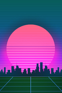 Retrowave City Sunset Grid 4k