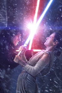 Rey And Kylo Ren Fighting With Lightsaber