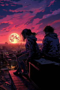 Roofscape Harmony Two Friends Absorb The Blood Moon Aura (1242x2668) Resolution Wallpaper