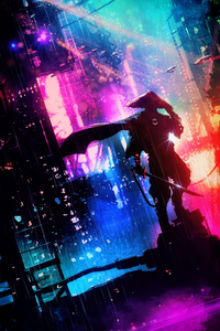 Samurai In Neon City (320x480) Resolution Wallpaper
