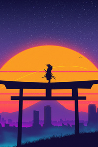 Samurai The Warrior Of Synthwave City (1080x2280) Resolution Wallpaper