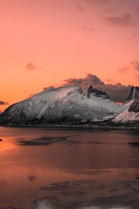 Scenic Photo Of Lake Near Mountains 5k (360x640) Resolution Wallpaper