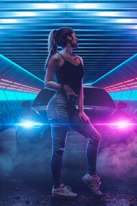 Scifi Girl Jeans Lights Neon Cars 5k