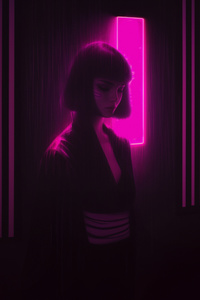 Short Hair Girl In Pink Neon Nights (320x568) Resolution Wallpaper