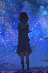 Short Hair In School Uniform Looking Away At Stars Anime (480x800) Resolution Wallpaper