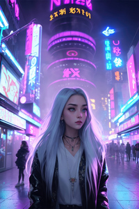 Silver Haired Girl In A Neon City (640x1136) Resolution Wallpaper