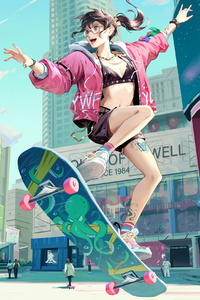 Skyline Anime Girl Skateboard With Dog (320x480) Resolution Wallpaper