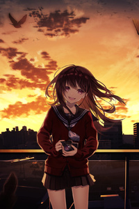 Smiling Anime Girl Taking Photographs Cityscape 4k