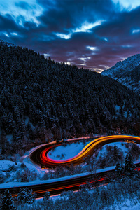 Snow Mountain Road Light Trails (1080x1920) Resolution Wallpaper