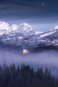 Snowy Nightfall The Church In The Mist (1242x2668) Resolution Wallpaper